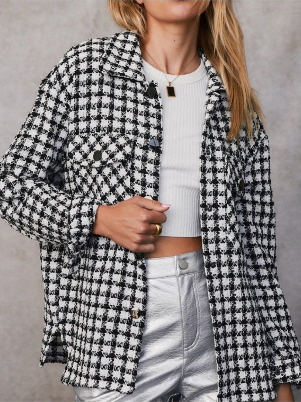 12th Tribe NWOT Black and White Tweed Button-Up Jacket with gold detailing